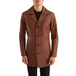 Genuine Leather Coat Men's Sheepskin Winter Leather Trench Coat Brown - Picture 1 of 6