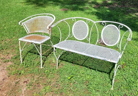 White Antique Vintage Outside Bench & Barrel Back Chair Cover