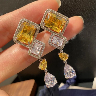 European Royal Style Yellow Citrine White Topaz Gems Silver Women Dangle Earring - Image 1 of 4