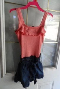 Girls size 8 One-piece Belted Shorts outfit Built-in Tank top Peach & Blue Denim - Picture 1 of 4