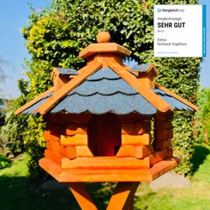 DARLUX Vogel Futter Haus L Sechseck Holz Vogelhaus Futterstelle Braun/ Blau - Bild 1 von 5