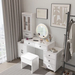 Vanity Set Makeup Table with LED Light Mirror & 6 Drawer Storage Dresser Cabinet - Picture 1 of 8