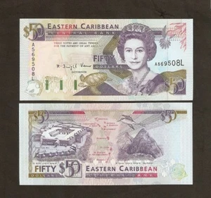 EAST CARIBBEAN STATES ST.LUCIA 50 DOLLARS P-29 L 1993 QUEEN TURTLE UNC BANK NOTE - Picture 1 of 5