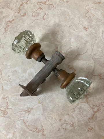 Pair Vintage Matching Glass Door Handle 12 Point Knobs w/ set screws & inset Cover