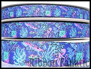 3 Yard 5/8" 7/8" oder 1,5" Immergrün Rosa Ozean Leben Oktopus Fisch Ripsband - Bild 1 von 1