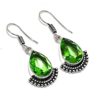 Green Tsavorite Gemstone Handmade 925 Sterling Silver Jewelry Earring Sz 1.2" - Picture 1 of 1