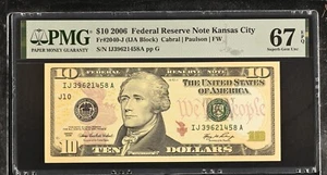 2006 $10 Federal Reserve Note Fr-2040-J Kansas City PMG67 Superb Gem EPQ - Picture 1 of 2