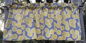 Lemon Valance Citrus Fruit Navy Striped Kitchen Window Curtain Topper - Picture 1 of 5