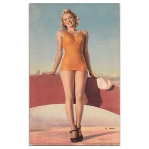 Pretty Pinup Girl Postcard - Vintage Swimsuit - Bathing Beauty - Beach & Skyline - Picture 1 of 2