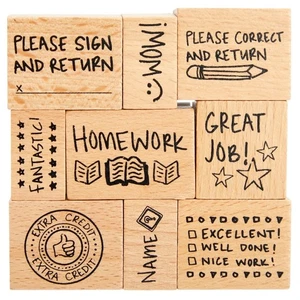 9 Piece Set of Wooden Rubber Teacher Stamps - Classroom Supplies for Grading ... - Picture 1 of 9