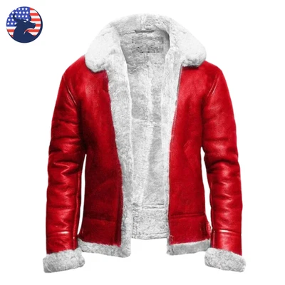 Mens Red RAF Aviator Real Sheepskin Shearling Fur Christmas Santa Leather Jacket - Image 1 of 4