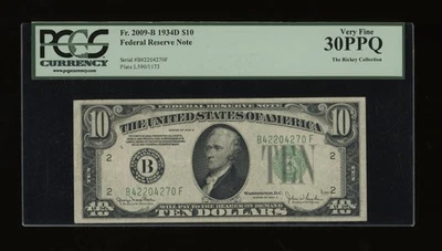 DBR 1934-D $10 New York Fr. 2009-B PCGS 30 PPQ Serial B42204270F - Image 1 of 2