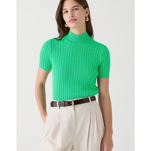 J.Crew Ribbed Mock Neck Sweater Tee Green S Cotton Cashmere Short Sleeve FA23 - Picture 1 of 8