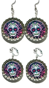 Pendientes colgantes con tapa de botella de calavera día de muertos perforados o con clip (CAP026) - Imagen 1 de 3