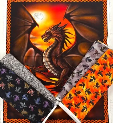 NUTEX Drachenstoff Baumwolle Fire & Fury Wyvern Patchwork Panel und passende Stoffe