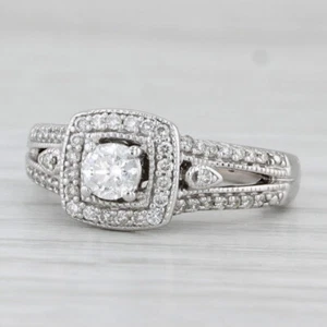 0.45ctw Round Diamond Halo Engagement Ring 10k White Gold Size 4 - Picture 1 of 10