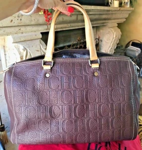 CAROLINA HERRERA EMBOSSED CH TATOO BROWN ANDY 10 LEATHER HANDBAG - Picture 1 of 11