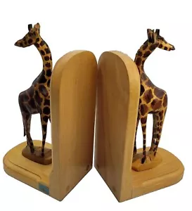 Vintage Giraffe Bookends Hand Carved Wood 9”Tall Jungle African Decor Made-Kenya - Picture 1 of 12
