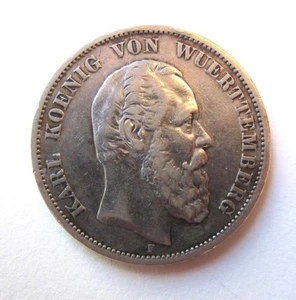 Rare 1876 F German Empire Funf Mark Silver Coin, Karl Koenig von Wuerttemberg - Picture 1 of 2