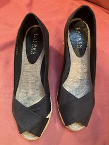 Ralph Lauren Cecilia Black Shantung Wedge Espadrille Peep-Toe Womens Sz 8.5M - Picture 1 of 11