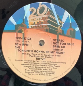 Rhyze Tonight’s Gonna Be My Night 33 1/3 Vinyl Promo Mono/Stereo TCD-137-DJ - Picture 1 of 4