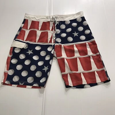 Men's Carbon Beer Pong Boardshorts, Swim Shorts, Size 36 Red/White/Blue - Image 1 of 4