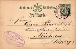 Württemberg, Postkarte Esslingen - Bahnhof n. Nerchau / Leipzig, 1892 - Picture 1 of 2