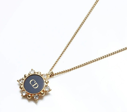 Christian Dior CD Logo Strass Tono Oro Catena Collana Ciondolo Accessorio