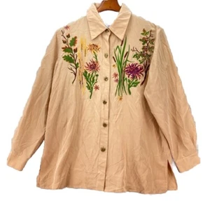 VTG 90'S BOB MACKIE WEARABLE ART BLOUSE SZ M Tan Floral EMBROIDERY Collared - Picture 1 of 4