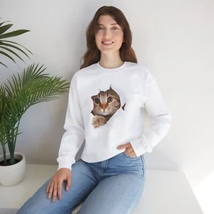 Cute Cat Breaking Through Sweatshirt, Funny Pet Lover Gift, Cozy Animal Apparel, - Picture 1 of 6