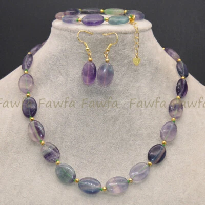 Conjunto de aretes pulsera collar cuentas gemas ovaladas planas fluorita multicolor natural Foto 1 de 4