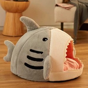 Shark Design Pet Bed For Dogs Cats For Sleeping Cosy Snug Soft Igloo Grey Large - Picture 1 of 9