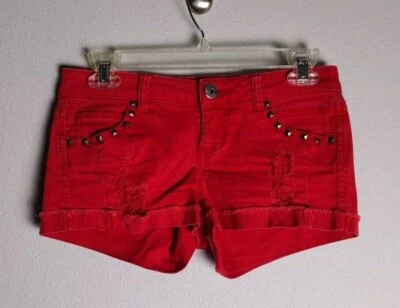 Xhilaration Red Low Rise Studded Cuffed Distressed Denim Shorts 3 - Image 1 of 3