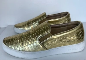 Michael Kors " Alita" Slip Ons Gold Metallic With Logo embossed Size 9M 🔥🔥🔥 - Picture 1 of 10