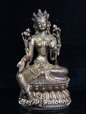 10"Tibet Tibetan Buddhism Pure copper Double lotus seat Green Tara Buddha Statue