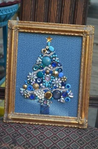 Vintage Jewelry Collage Christmas Tree Ornate Gold Frame Rhinestones 10x12 inch - Picture 1 of 8