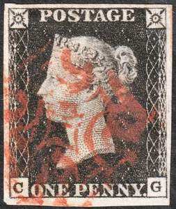 1840 AS46 SG2 1d BLACK PLATE 7 VERY FINE USED 4 MARGINS RED MALTESE CROSS (CG) - Picture 1 of 2