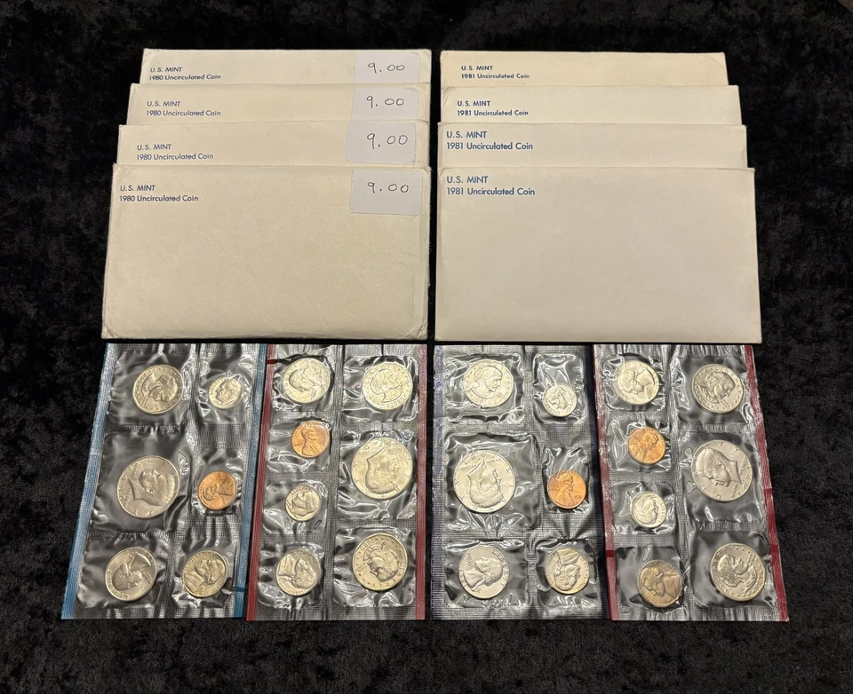 1980 & 1981 US Mint Sets - Lot of 8 - Uncirculated OGP - w/ P, D, S SBA Dollar - Image 1 of 1