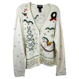 VTG Designers Studio XL Christmas Cardigan Sweater White Knit Holiday Beads 1422 - Picture 1 of 11