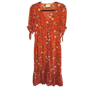Abito midi floreale Maeve Anthropologie Eudora taglia 4 bottoni davanti cravatta manica ruggine - Foto 1 di 8