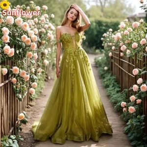 Olive Green Evening Dresses Spaghetti Strap Backless Corset A-Line Prom Gowns - Picture 1 of 12