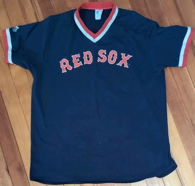 Vintage Majestic MLB Boston Red Socks Navy Blue Ringer V-Neck TShirt Jersey L/XL - Image 1 of 4