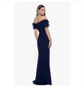 NWT XSCAPE Navy Blue Scuba Dress With Crepe Off Shoulder Ruffles/Rosettes SZ 16 - Picture 1 of 9