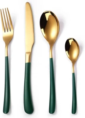 Set Argenteria Posate Design Acciaio Inossidabile Cucina Casa Verde E Oro - Immagine 1 di 4