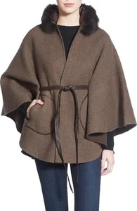 Capa de lana y nailon La Fiorentina con cuello de piel de zorro genuino B060 - Imagen 1 de 4