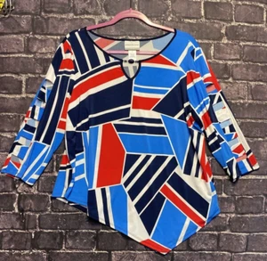 Alfred Dunner Petite Top Women PL Red White Blue Asymmetrical Hem Beaded Keyhole - Picture 1 of 11