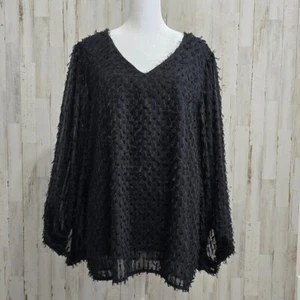 Boutique Black Long Balloon Sleeve V Neck Textured Fluffy Eyelash Top Size XL - Picture 1 of 8