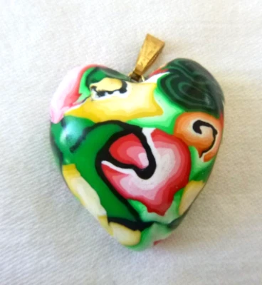 Vintage Artisan Molded Puffy Heart Pendant Abstract Flowers Design 1.5" - Image 1 of 4