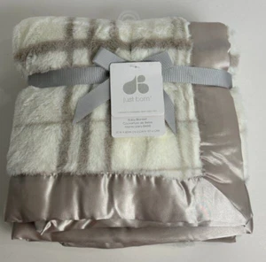 NWT Just Born Grey Beige Tan Brown And White Plaid Satin Trim Plush Baby Blanket - Picture 1 of 5