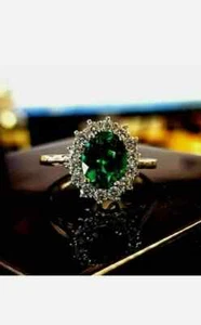 3.94 Ct Oval Cut Natural Emerald & Engagement Wedding Ring 18K White Gold Size 7 - Picture 1 of 6